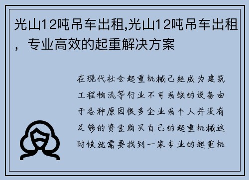 光山12吨吊车出租,光山12吨吊车出租，专业高效的起重解决方案