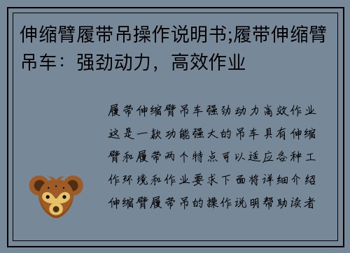 伸缩臂履带吊操作说明书;履带伸缩臂吊车：强劲动力，高效作业