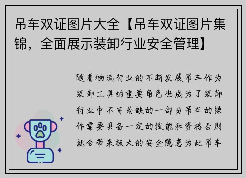 吊车双证图片大全【吊车双证图片集锦，全面展示装卸行业安全管理】