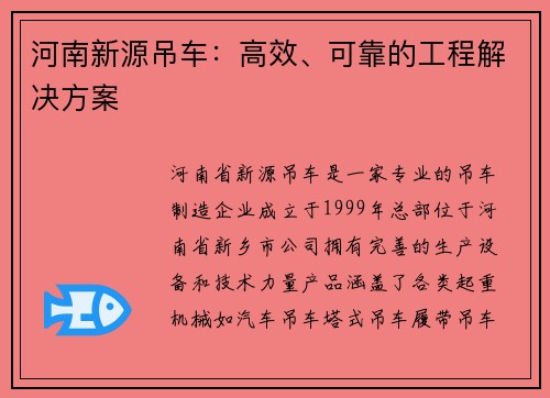 河南新源吊车：高效、可靠的工程解决方案