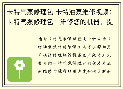 卡特气泵修理包 卡特油泵维修视频：卡特气泵修理包：维修您的机器，提高生产效率